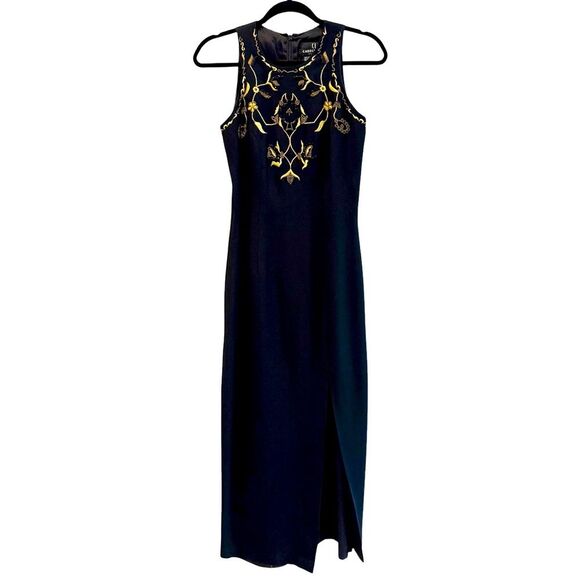 Carole Little Black‎ Sleeveless Midi Dress Gold Floral Embroidery Size 4 - Picture 1 of 9